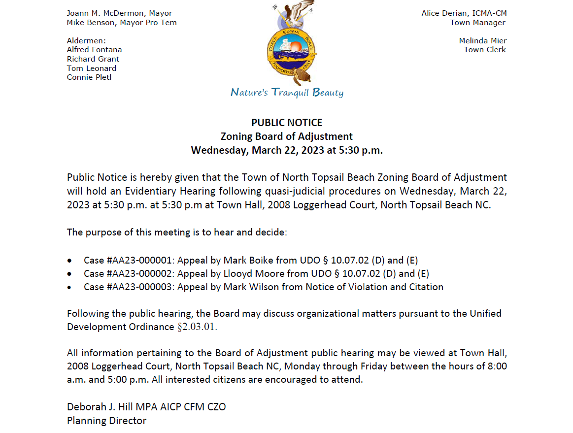 PUBLIC NOTICE Zoning Board of Adjustments Meeting 32223 North Topsail Beach North Carolina