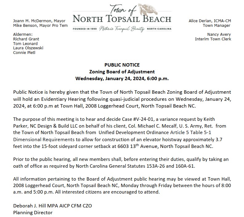 Notice of Zoning Board of Adjustment Meeting 1/24/24 North Topsail Beach North Carolina