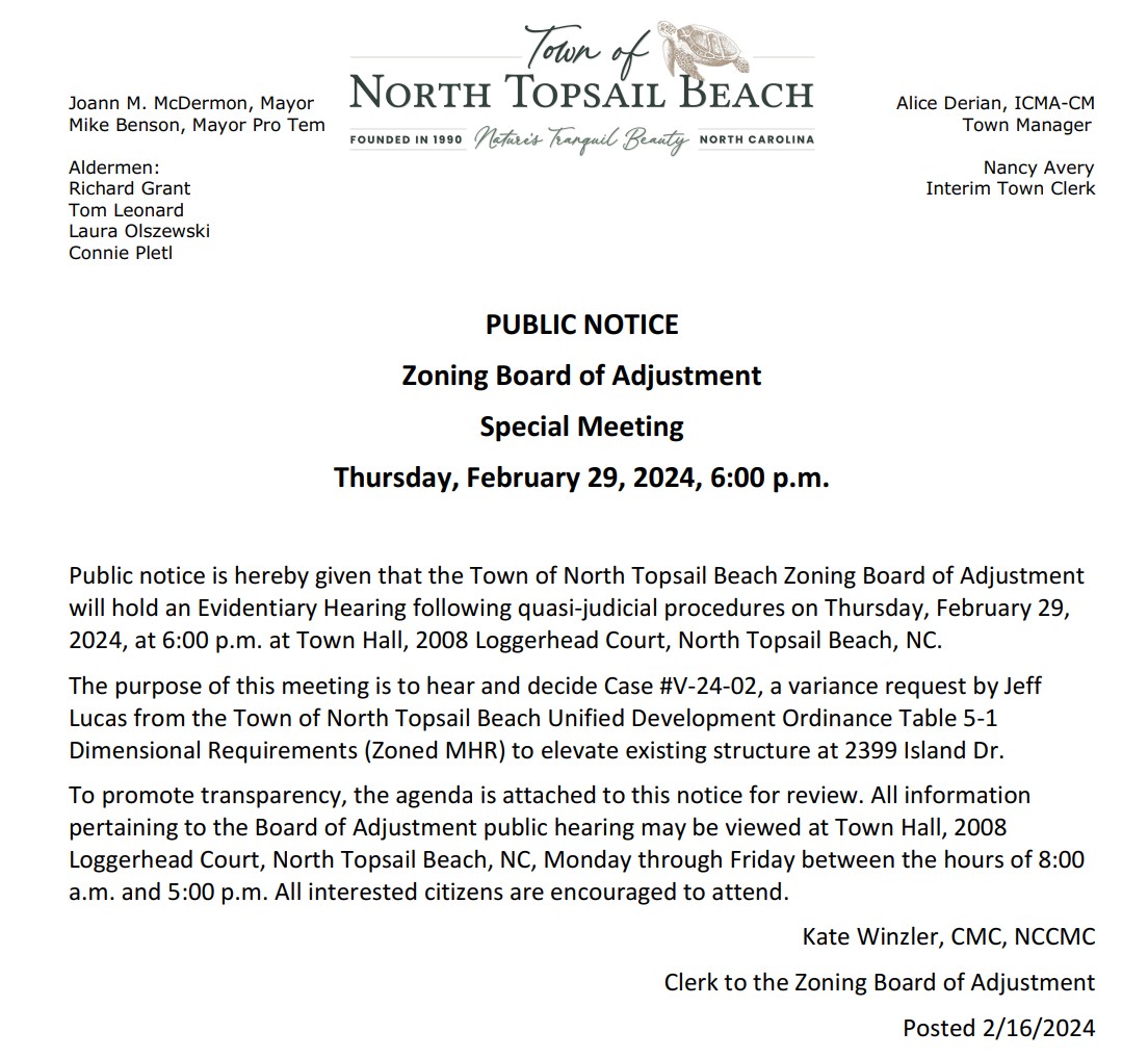 Board of Adjustment Special Meeting Notice - 02/29/24 | North Topsail