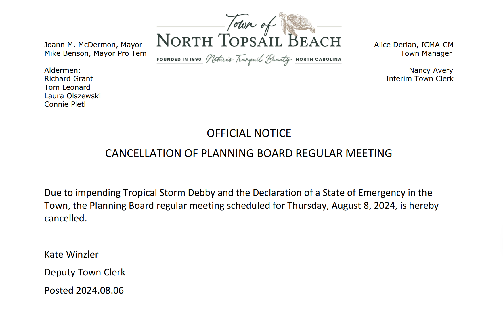 Planning Board Meeting Cancelled 8 8 24 North Topsail Beach North