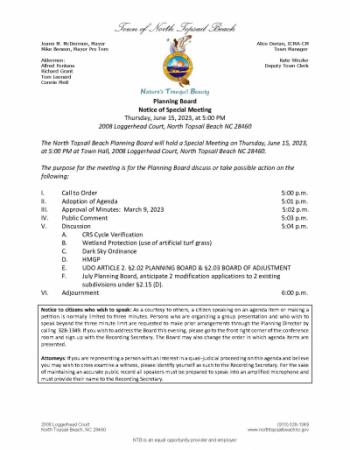 Notice of Special Planning Board Meeting - Agenda IMG