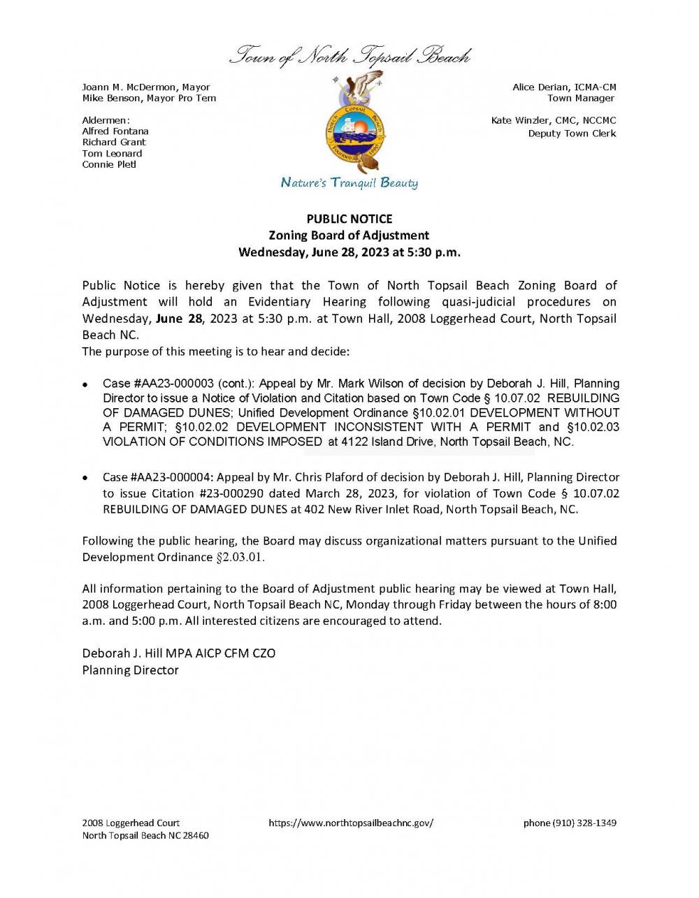 Public Notice Zoning Board of Adjustments Meeting North Topsail Beach North Carolina
